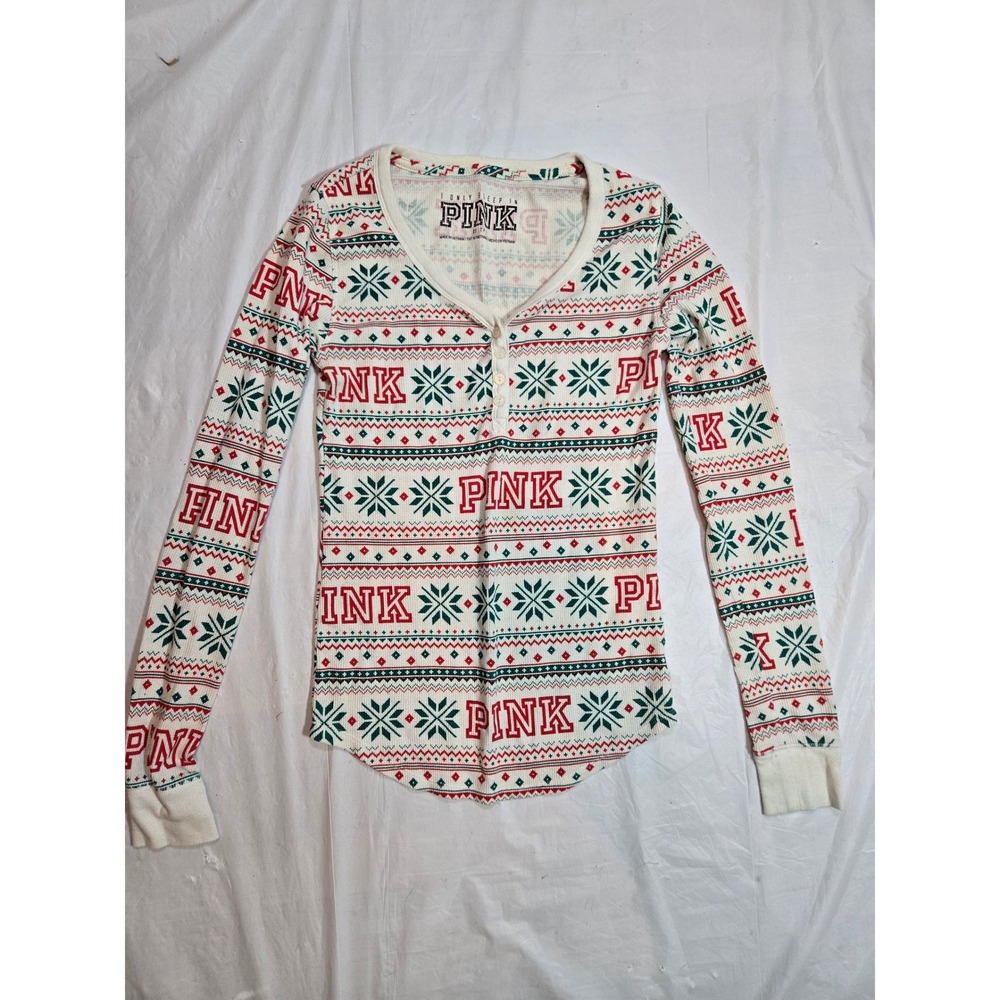 Victoria's Secret PINK Thermal Henley Top XS Fair Isle Holiday Red Green Logo